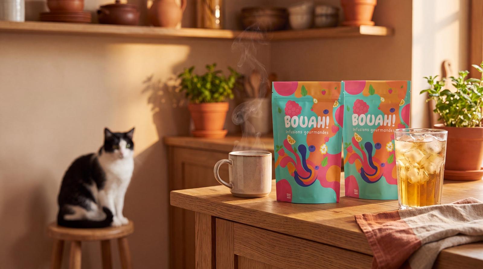Sachets d'infusions Bouah! posés dans une cuisine, tasse fumante et verre glacé