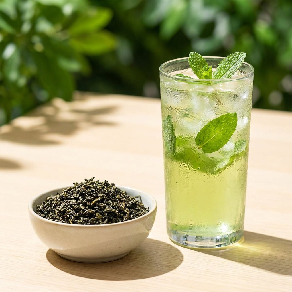 Grand verre d'infusion glacée à la menthe avec glaçons et menthe fraîche