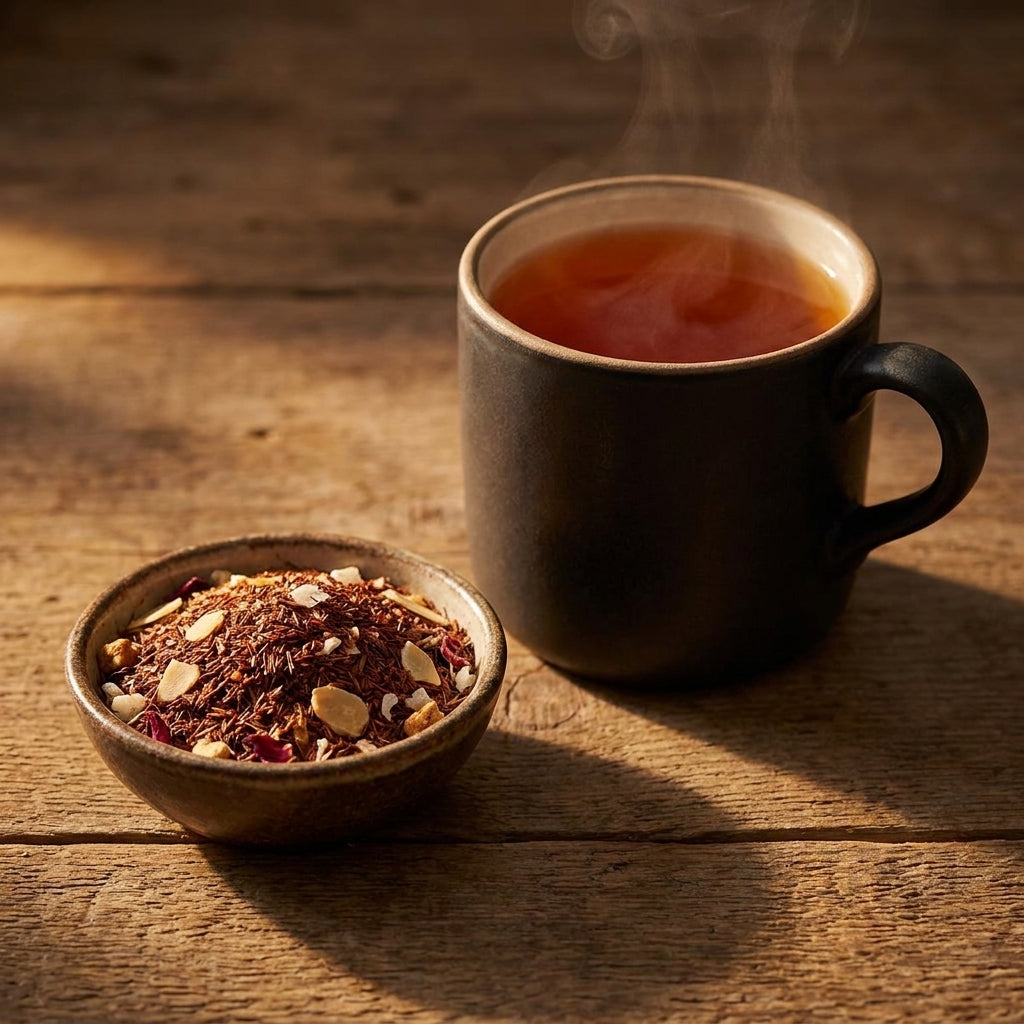 Mug de rooibos fumant sur une table en bois avec coupelle de vrac
