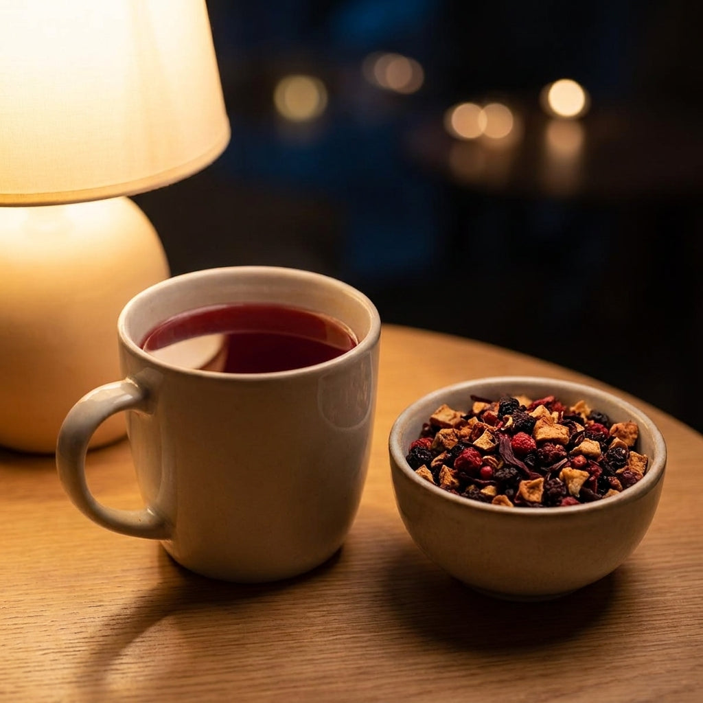 Infusion aux fruits rouges sans théine à la lumière d'une lampe, le soir