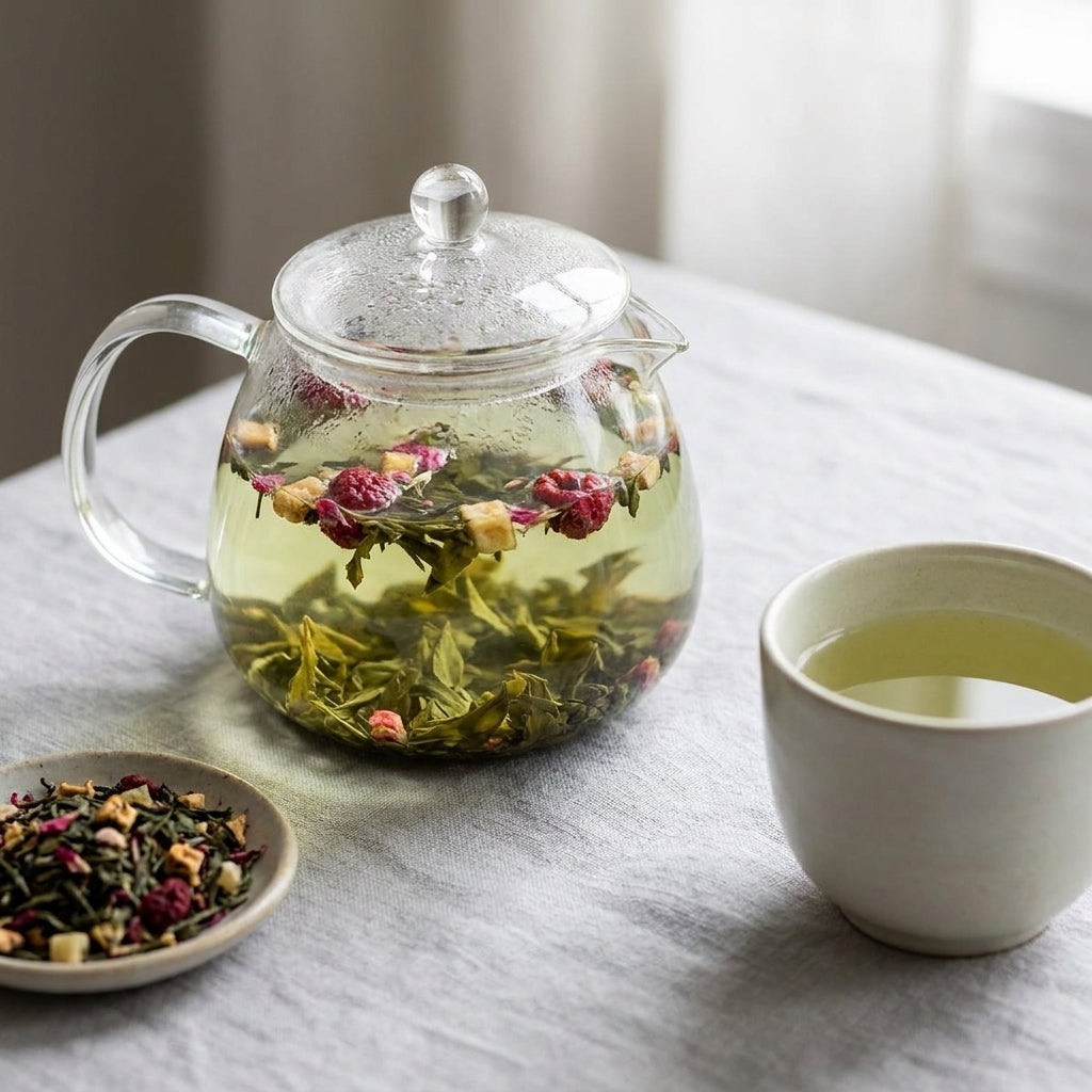Théière en verre avec feuilles de thé vert en infusion et tasse en céramique