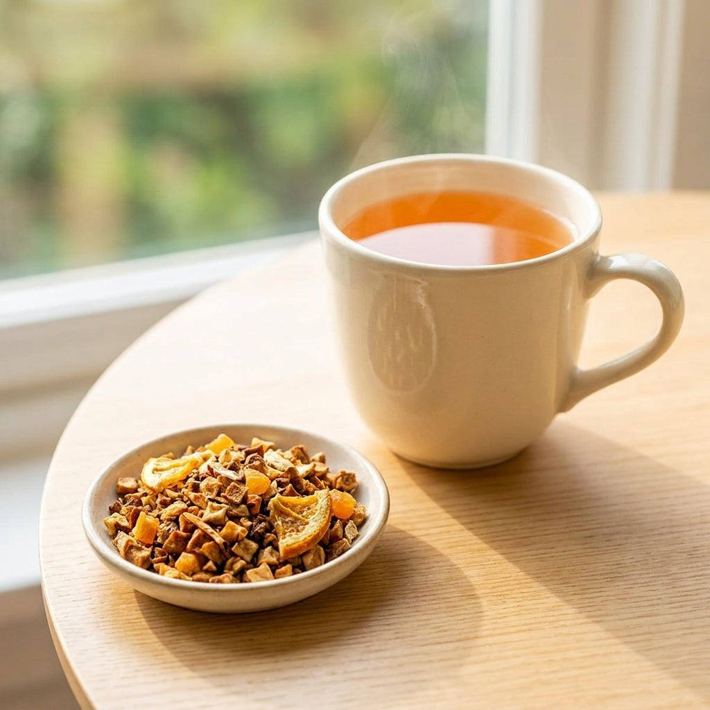 Mug d'infusion de fruits et coupelle de tisane en vrac près d'une fenêtre