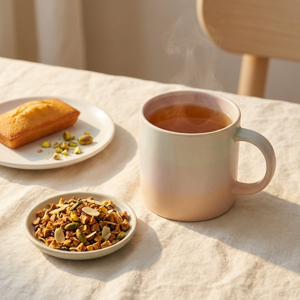 Mug fumant d'infusion gourmande, financier et pistaches sur une nappe en lin