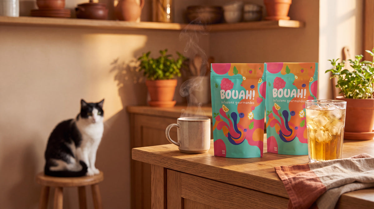 Deux sachets Bouah! sur un plan de travail en bois, une tasse de thé chaud fumante et un verre d'infusion glacée, dans une cuisine aux tons terracotta